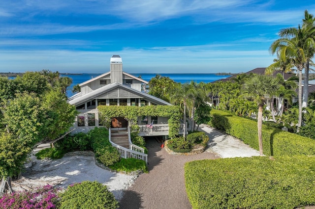 exterior space with a water view