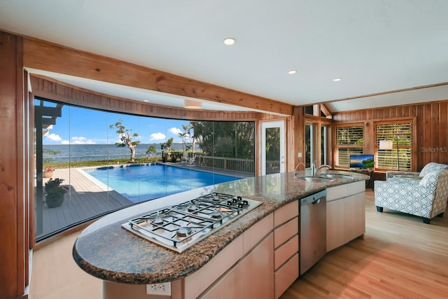 kitchen with wooden walls, stainless steel appliances, a healthy amount of sunlight, and sink