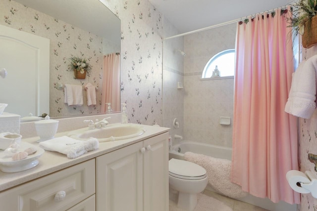 full bathroom with vanity, tile patterned flooring, shower / bath combination with curtain, and toilet