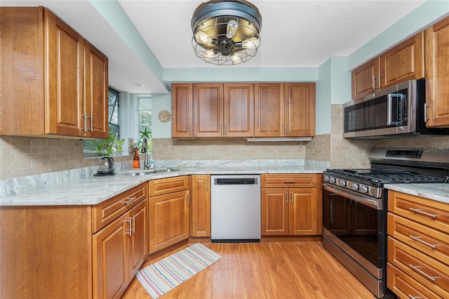 kitchen with decorative backsplash, sink, stainless steel appliances, and light hardwood / wood-style floors