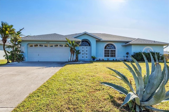 ranch-style home featuring a front lawn and a garage