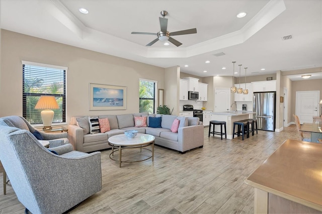 living room with light wood-type flooring, a raised ceiling, a wealth of natural light, and sink