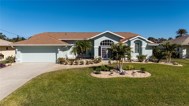 ranch-style house featuring a front lawn and a garage