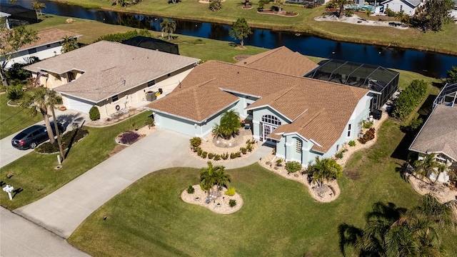 drone / aerial view with a water view