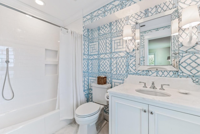 full bathroom with shower / bath combo, vanity, crown molding, tile walls, and toilet