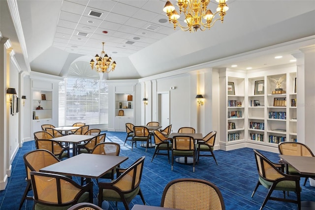 dining space featuring a chandelier, dark colored carpet, and built in features