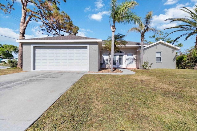 single story home featuring a garage and a front lawn