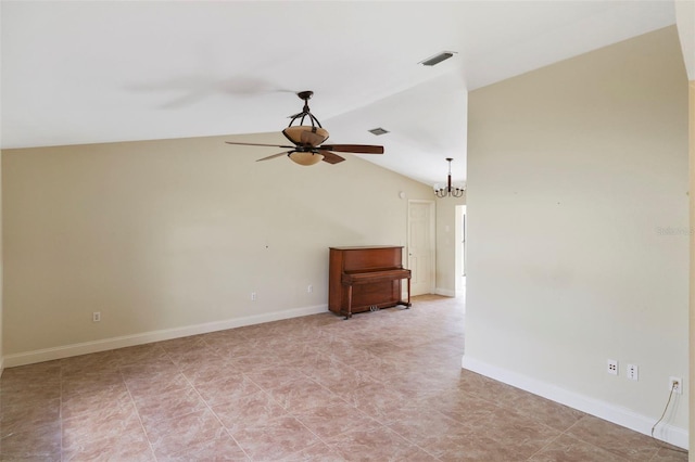 unfurnished room with lofted ceiling, ceiling fan with notable chandelier, and light tile patterned floors