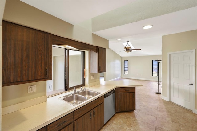 kitchen featuring lofted ceiling, sink, stainless steel dishwasher, kitchen peninsula, and ceiling fan