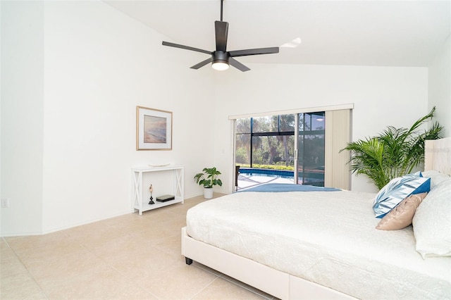 bedroom featuring vaulted ceiling, access to outside, and ceiling fan