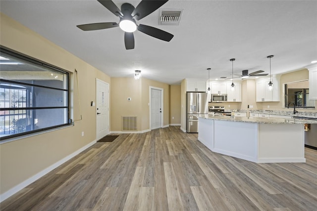 kitchen featuring light stone countertops, light wood-type flooring, decorative light fixtures, white cabinetry, and stainless steel appliances