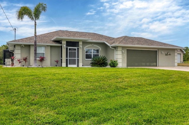 single story home featuring a front lawn and a garage