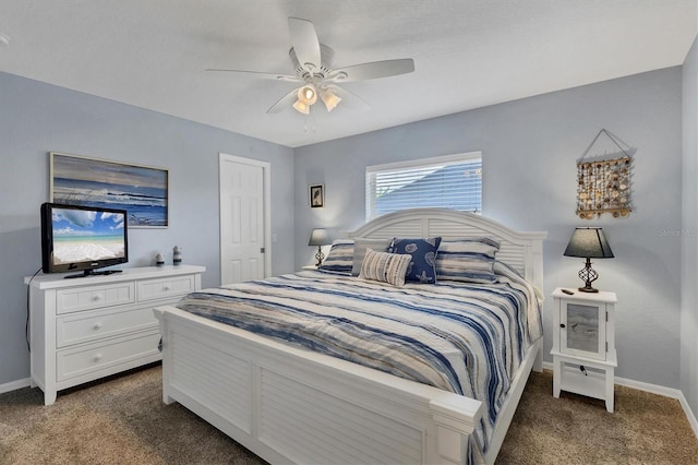 bedroom with dark carpet and ceiling fan