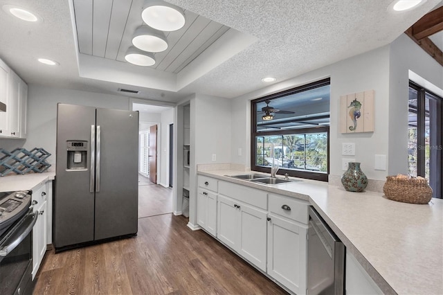 kitchen with a raised ceiling, sink, dark hardwood / wood-style flooring, white cabinets, and appliances with stainless steel finishes