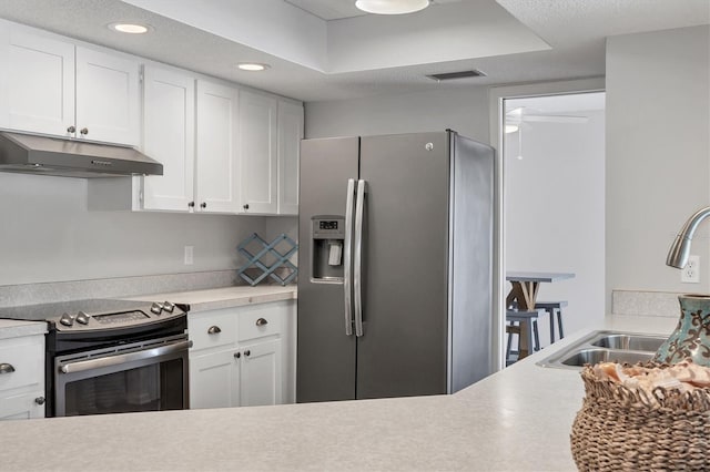 kitchen featuring ceiling fan, sink, white cabinets, and stainless steel appliances