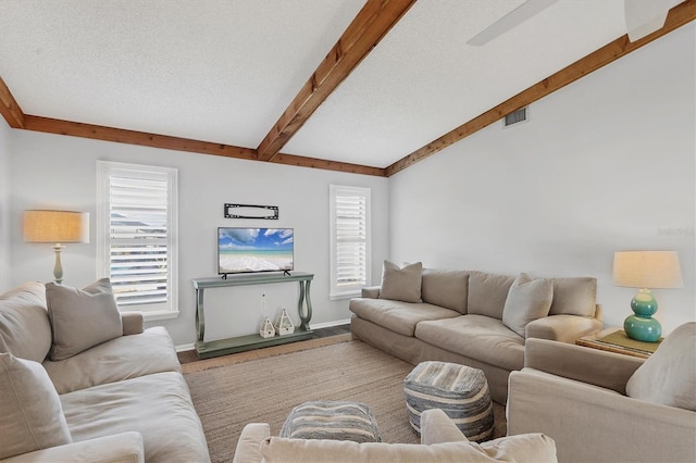 living room with beam ceiling, plenty of natural light, and a textured ceiling