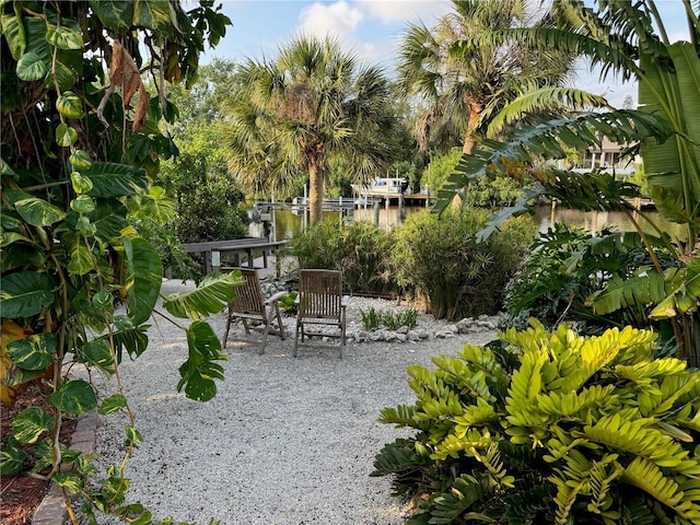 view of community with a water view