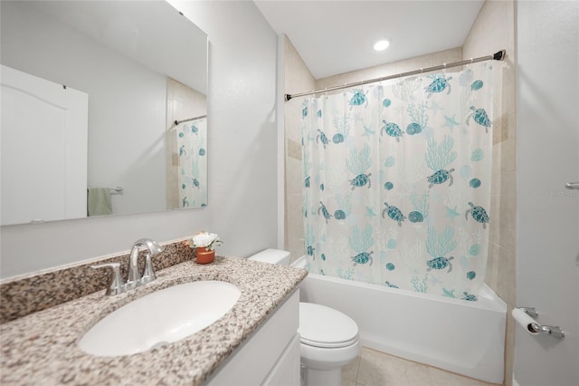 full bathroom featuring tile patterned flooring, vanity, toilet, and shower / tub combo with curtain