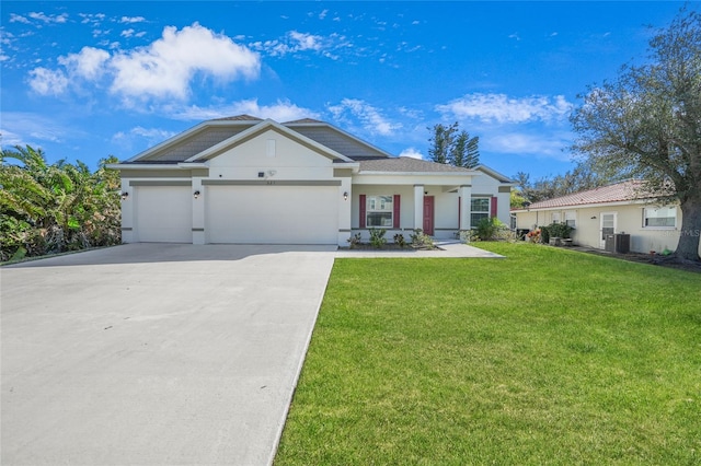 view of front of home featuring a porch, a garage, central air condition unit, and a front yard