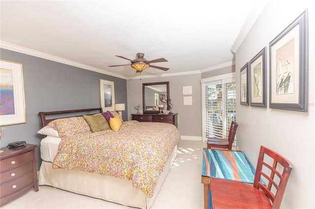 bedroom featuring ceiling fan and crown molding