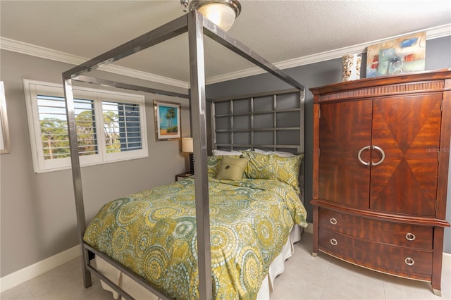 tiled bedroom featuring a textured ceiling and crown molding