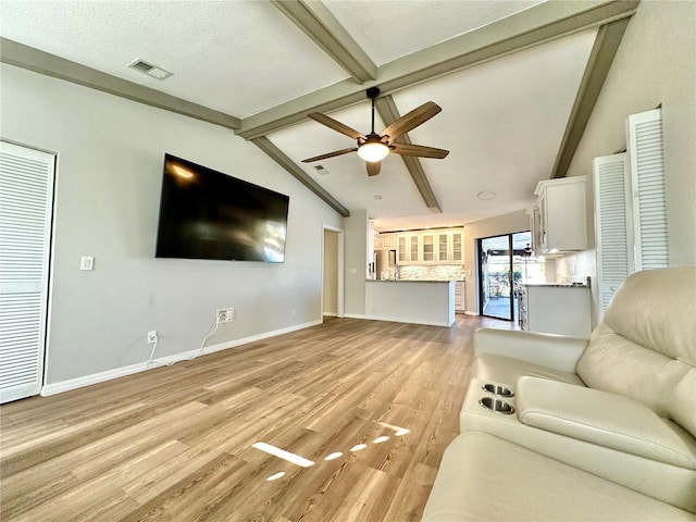 unfurnished living room featuring lofted ceiling with beams, ceiling fan, light hardwood / wood-style floors, and a textured ceiling