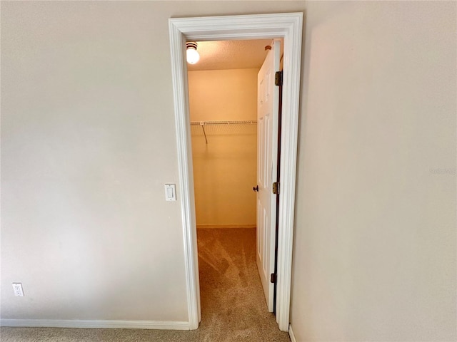 hallway with light carpet and a textured ceiling