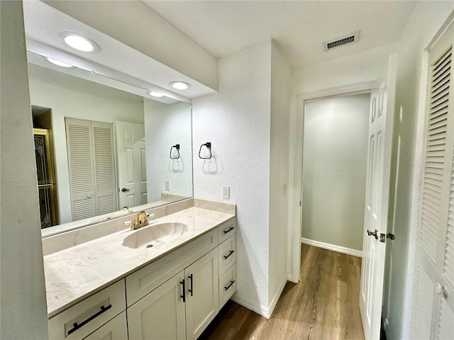 bathroom with wood-type flooring and vanity