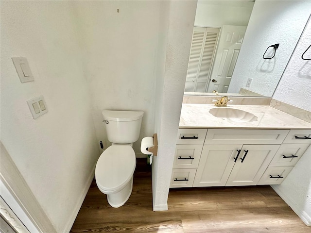 bathroom with vanity, toilet, and wood-type flooring