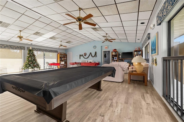 recreation room featuring light hardwood / wood-style floors, a drop ceiling, and billiards