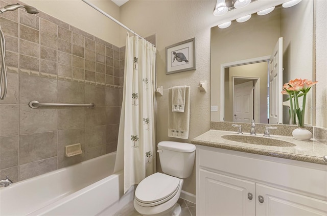 full bathroom with tile patterned floors, vanity, toilet, and shower / tub combo with curtain