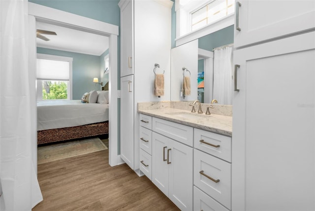 bathroom featuring ornamental molding, wood finished floors, connected bathroom, and vanity