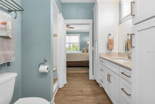 ensuite bathroom with connected bathroom, toilet, ornamental molding, wood finished floors, and vanity