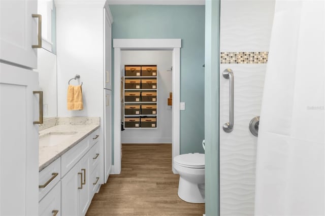 full bathroom featuring toilet, a shower, wood finished floors, and vanity