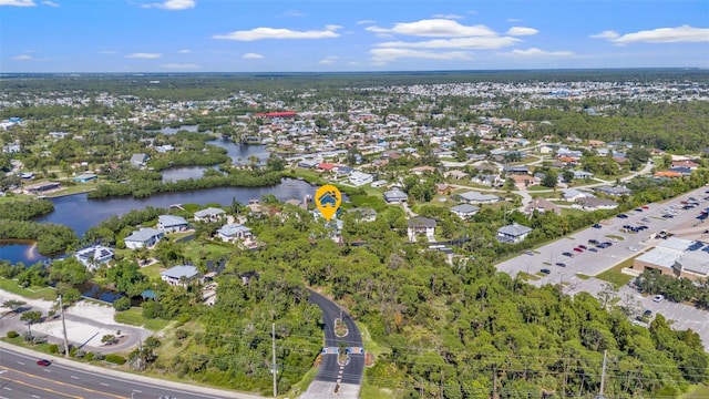 aerial view featuring a water view and a residential view