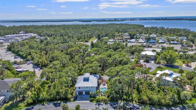 drone / aerial view with a water view and a view of trees