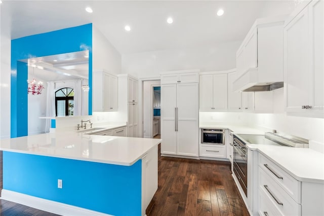 kitchen featuring white cabinets, dark wood-type flooring, stainless steel range with electric stovetop, and kitchen peninsula