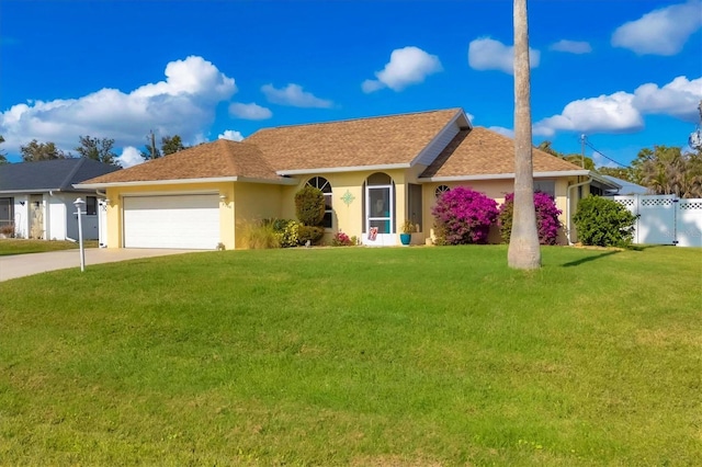 ranch-style home featuring a garage and a front lawn