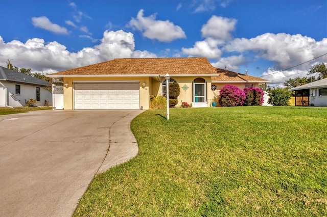 single story home featuring a garage and a front lawn