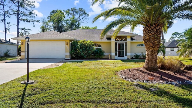 ranch-style home featuring a front lawn and a garage