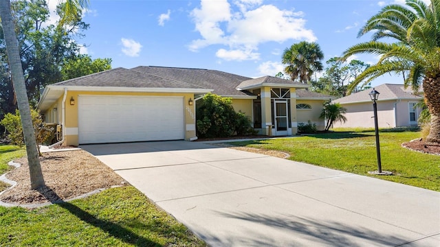 single story home featuring a front yard and a garage