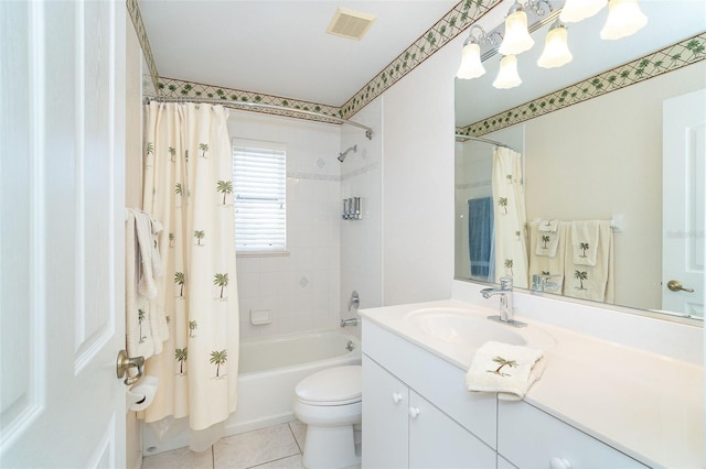 full bathroom featuring toilet, shower / bath combo, vanity, and tile patterned floors