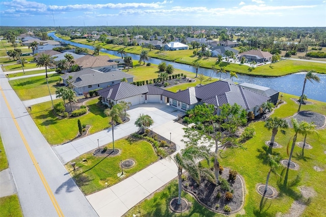 aerial view featuring a water view