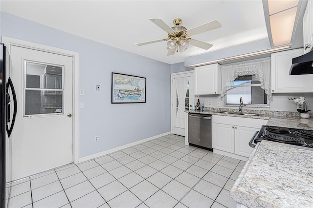 kitchen with exhaust hood, sink, stainless steel dishwasher, ceiling fan, and white cabinetry