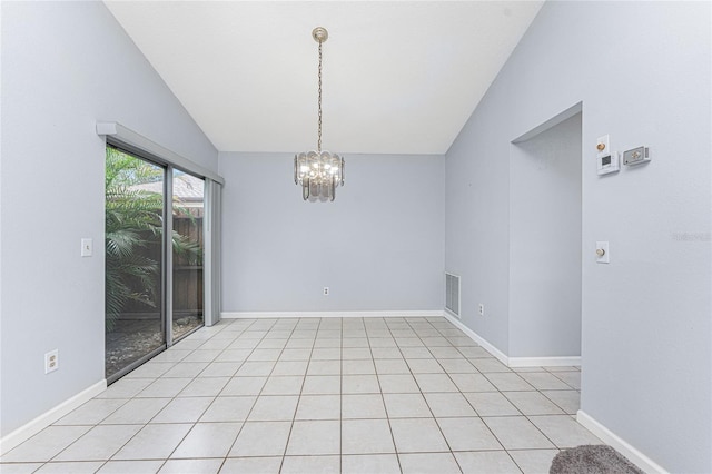 unfurnished dining area featuring vaulted ceiling, a notable chandelier, and light tile patterned flooring