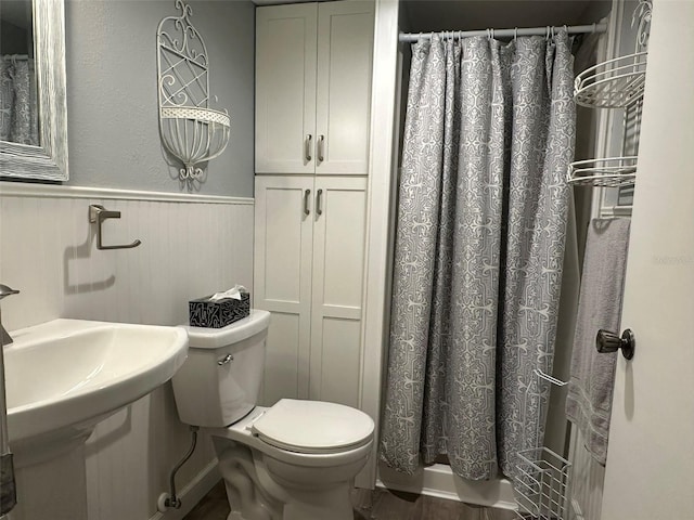 bathroom featuring a shower with shower curtain, toilet, wood-type flooring, and sink