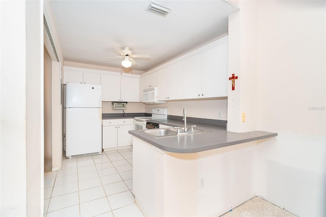 kitchen with white cabinetry, sink, ceiling fan, kitchen peninsula, and white appliances