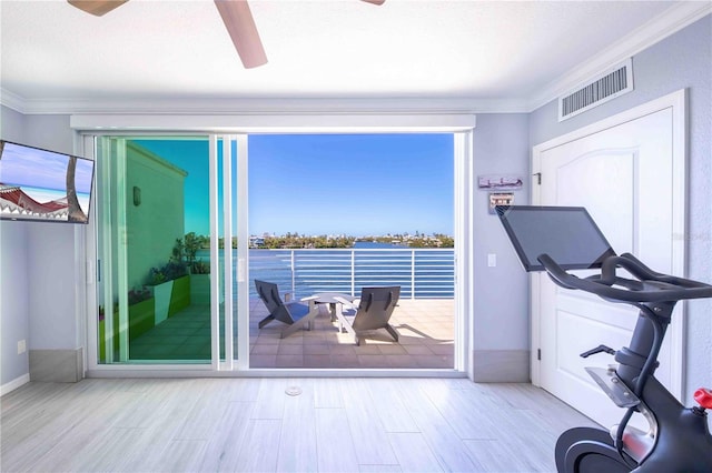 exercise room with light wood-type flooring, ceiling fan, and crown molding