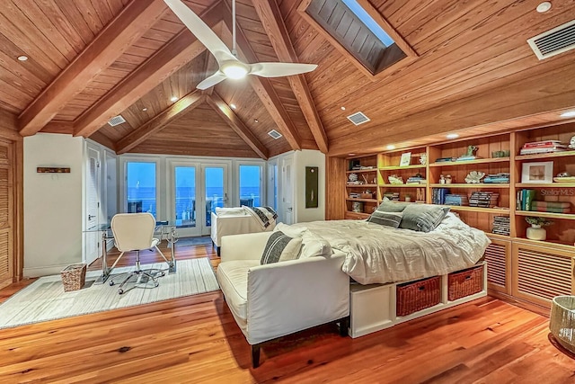 bedroom featuring lofted ceiling with skylight, ceiling fan, light wood-type flooring, and wooden ceiling