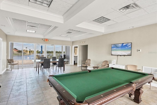 rec room with crown molding, billiards, and light tile patterned flooring